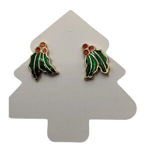 Holiday Holly Leaf Stud Earrings Green Gold Tone